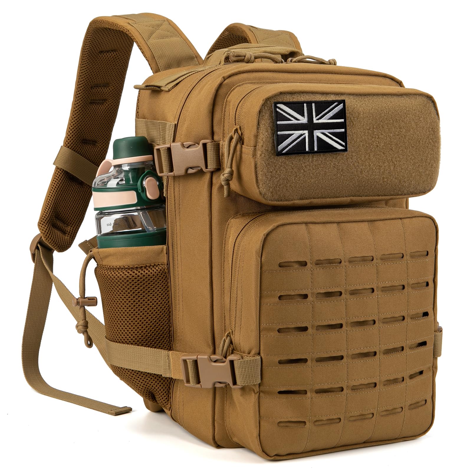 QT&QY 25L Military Tactical Backpacks For men CCW Army Laser cut Molle Daypack small EDC Bug Out Bag Gym Rucksack With Dual Cup Holders medical Rucksack Khaki — image 1