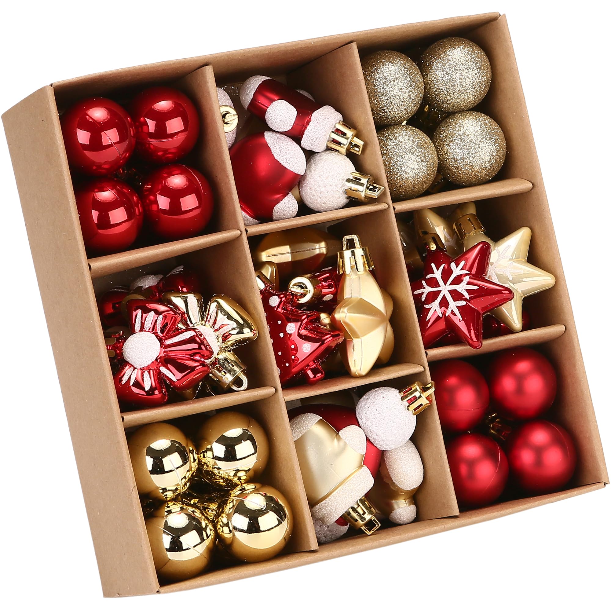 Sea Team 62-Pack Assorted Shatterproof Plastic Christmas Ball Ornaments Set, Miniature Baubles, Pendants, Decorations for Small Xmas Tree, DIY Wreath, Garland（Red & Gold）