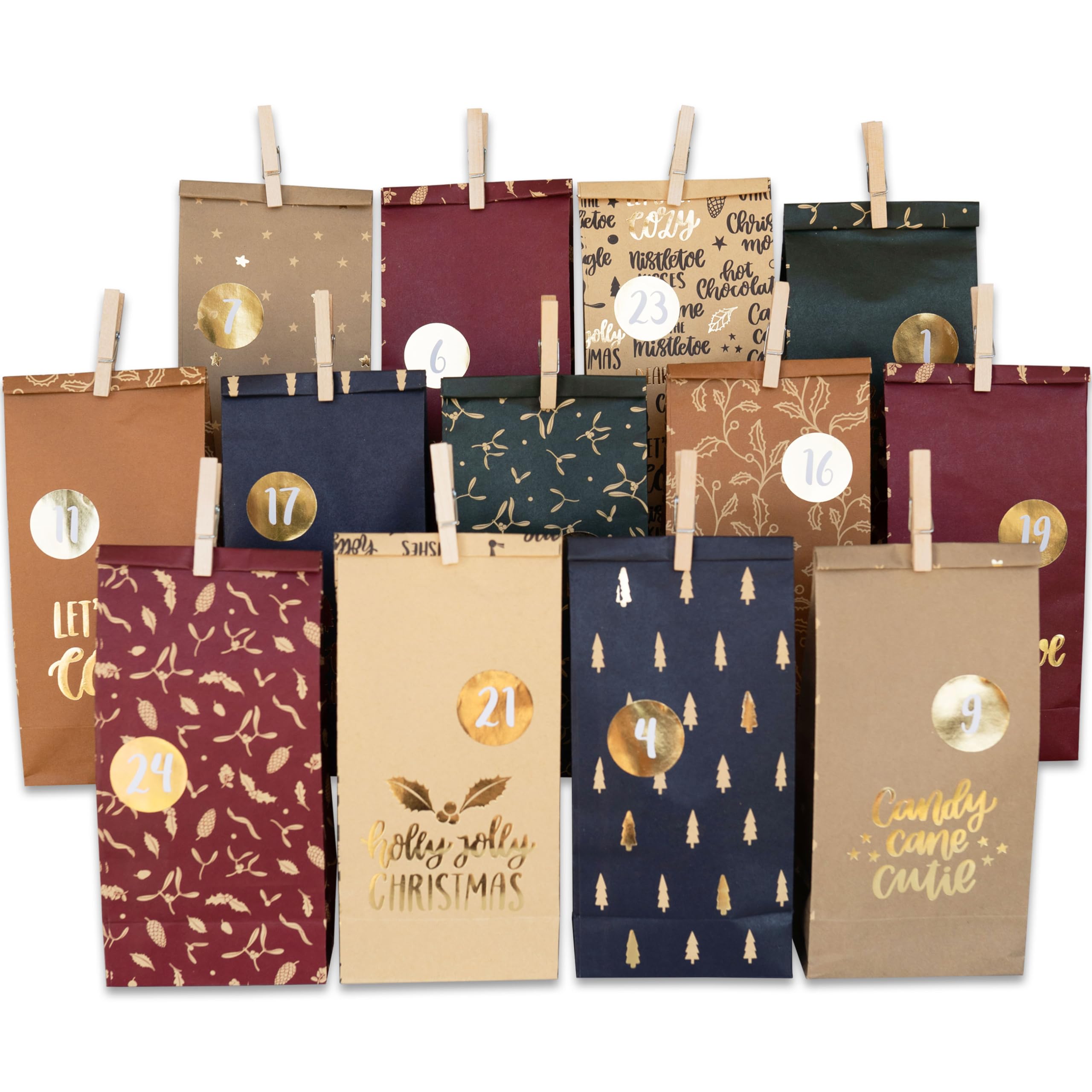 Papierdrachen Advent Calendar Christmas Patterns to Fill – 24 Colourful Printed Gift Bags and 24 Number Stickers and Clips – for Crafts and Gifting – Christmas – Set 4