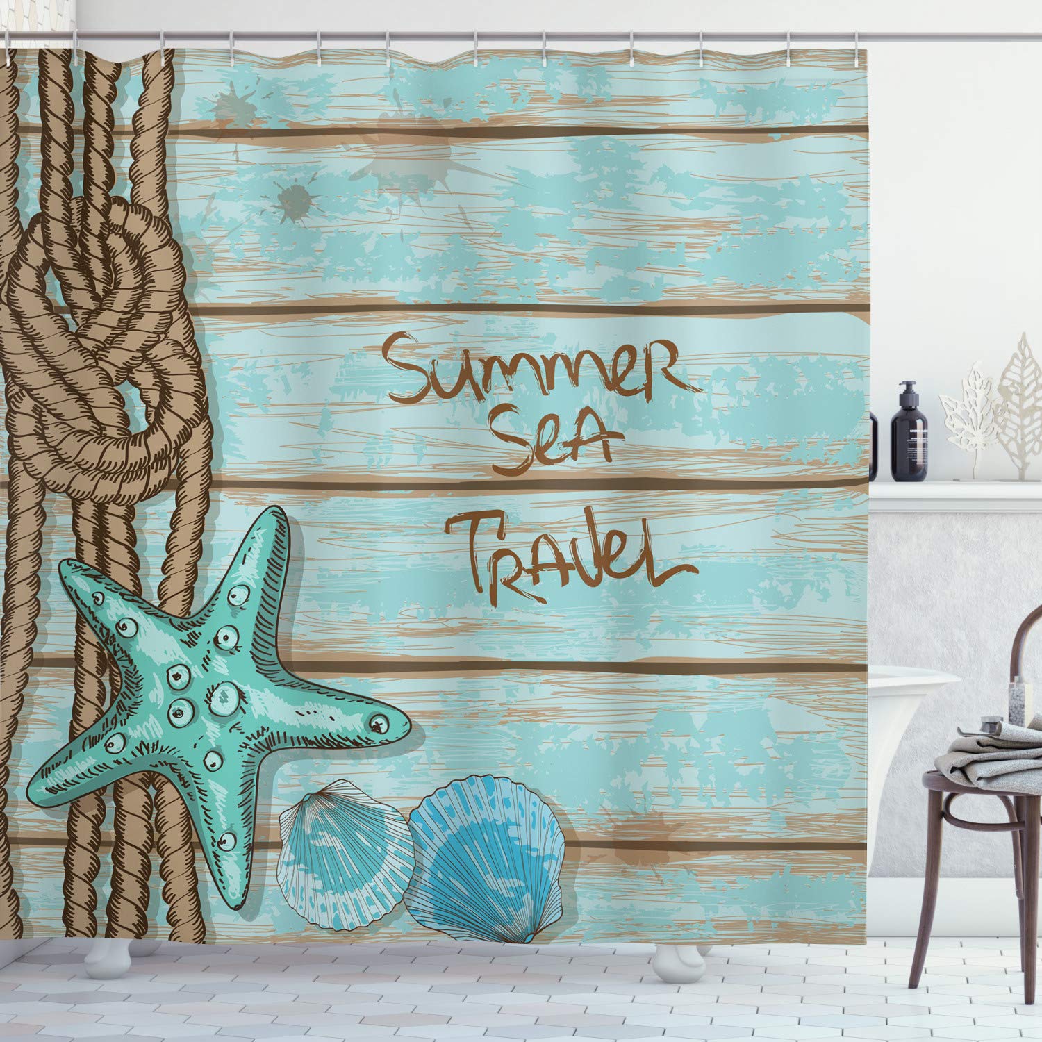 ABAKUHAUS Starfish Shower Curtain, Summer Season Sea Travel Retro Boards of Ship Deck Rope Scallops, Cloth Fabric Bathroom Decor Set with Hooks, 94 Inches, Mint Green Turquoise