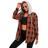 Women's Plaid Flannel Shirts Hoodie Long Sleeve Oversized Shirt Jacket Button Down Blouse Tops