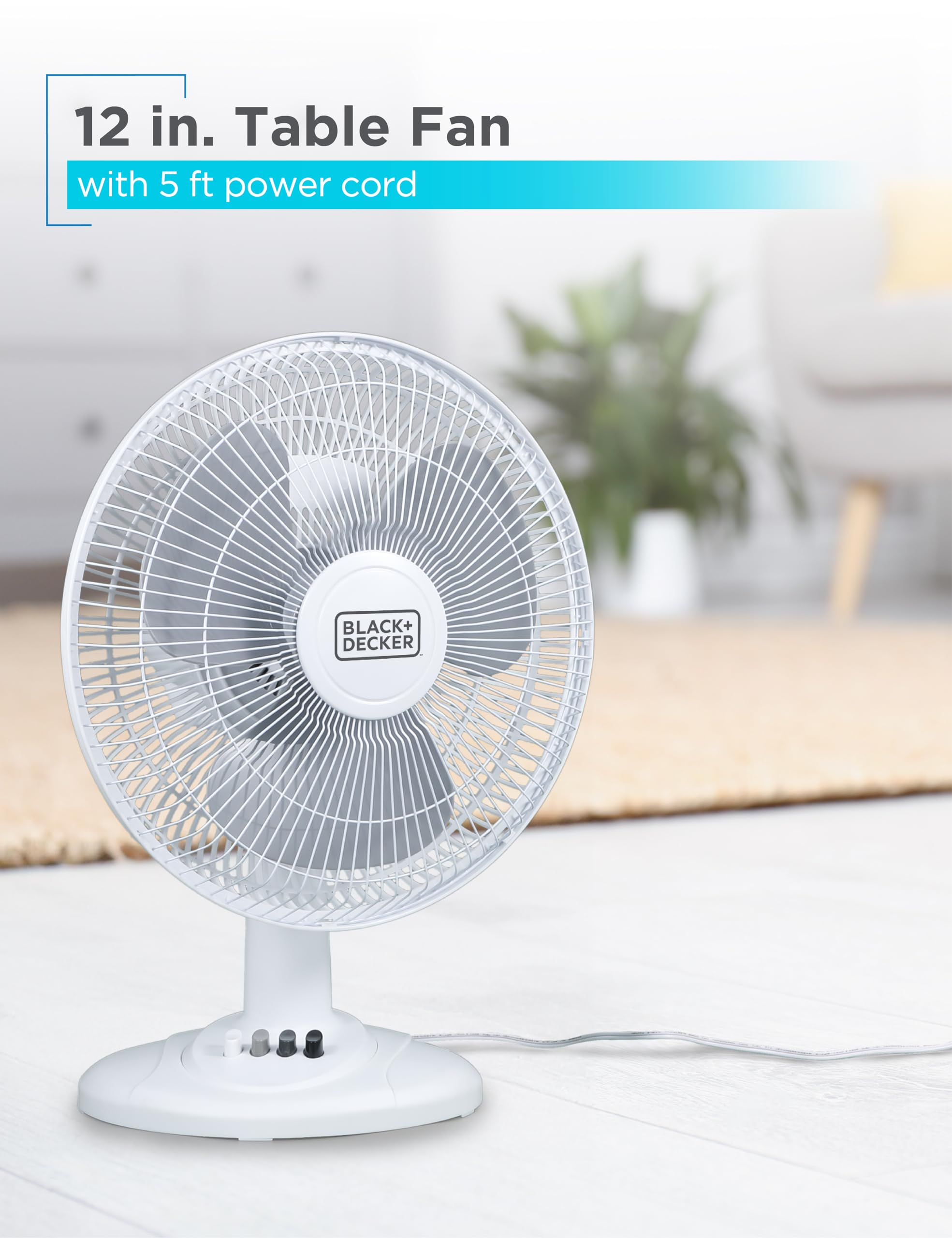 BLACK+DECKER Desk Fan for Home and Office, 12” Fan with 3 Speed Settings, Oscillating Portable Fan for Office Desk, Table Top and Kitchen Table with Adjustable Tilt, White