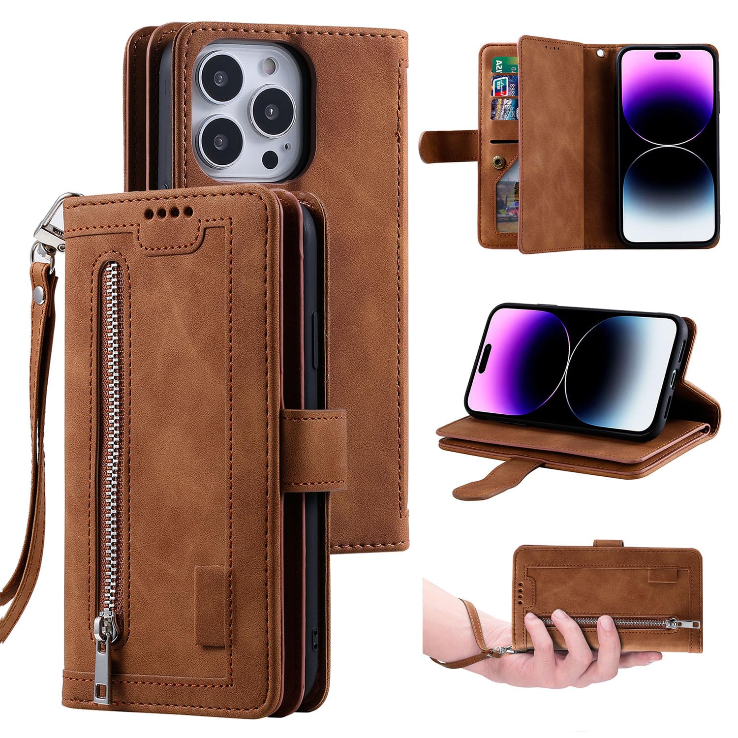 UEEBAI Wallet Case for iPhone 14 Pro 6.1 inch, Retro 9 Card Holder Slots Zipper Pocket Handbag Case PU Leather Magnetic Closure Kickstand with Wrist Strap TPU Shockproof Flip Case - Brown