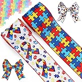 Autism Awareness Wired Ribbon for Wreath Bow 2 Rolls 10 Yards Puzzle Piece Ribbon for Ornaments DIY Craft Decorations Making Hair Bows Wrapping Supplies Autism Awareness Month Decorations 2.5 Inch
