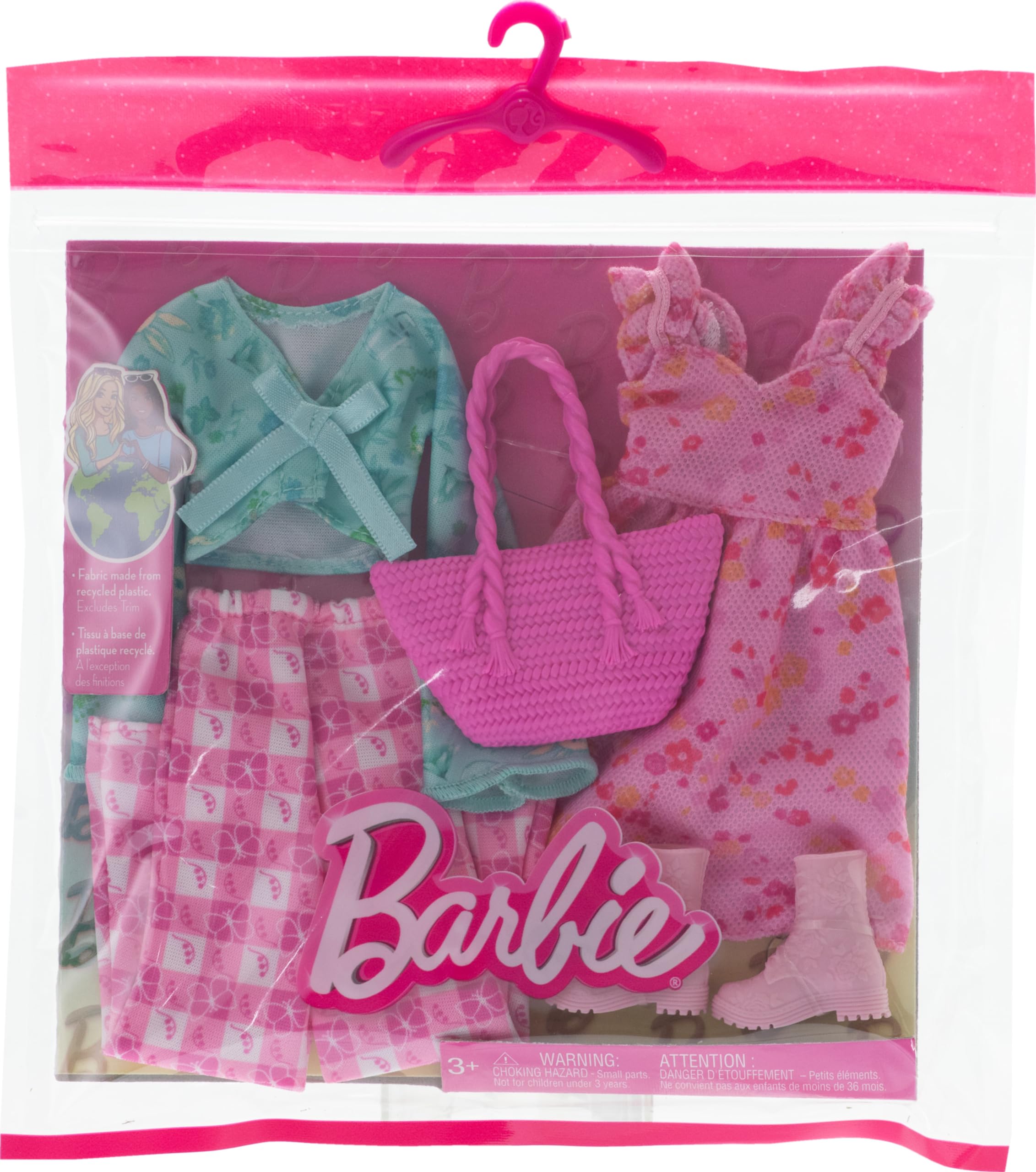 Barbie Clothes, Doll Fashions and Accessories Set Featuring 2 Complete Cottage Core Outfits, Including Floral Dress, Gingham Pants and More