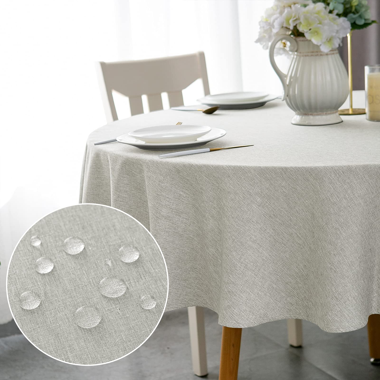 WELTRXE Round Table Cloth,150cm Diameter,Faux Linen Tablecloth,Water Resistant Spill Proof Wipeable Polyester Dining Table Cover for Cafe Restaurant Buffet Tabletop Decoration,Silver Grey