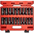 NEIKO 02431A 3/8” Drive SAE and Metric Deep Impact Socket Set | 21 Pieces | SAE 5/16” to 3/4” | Metric 7mm to 19mm | Premium Cr-V Steel | 6-Point Hex Design | Corrosion Resistant Coating