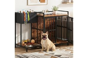 AFLUI 41.4'' Dog Crate Furniture with Built-in Feeding Station and Storage Bag, Wooden Dog Kennel Indoor End Table with Doubl
