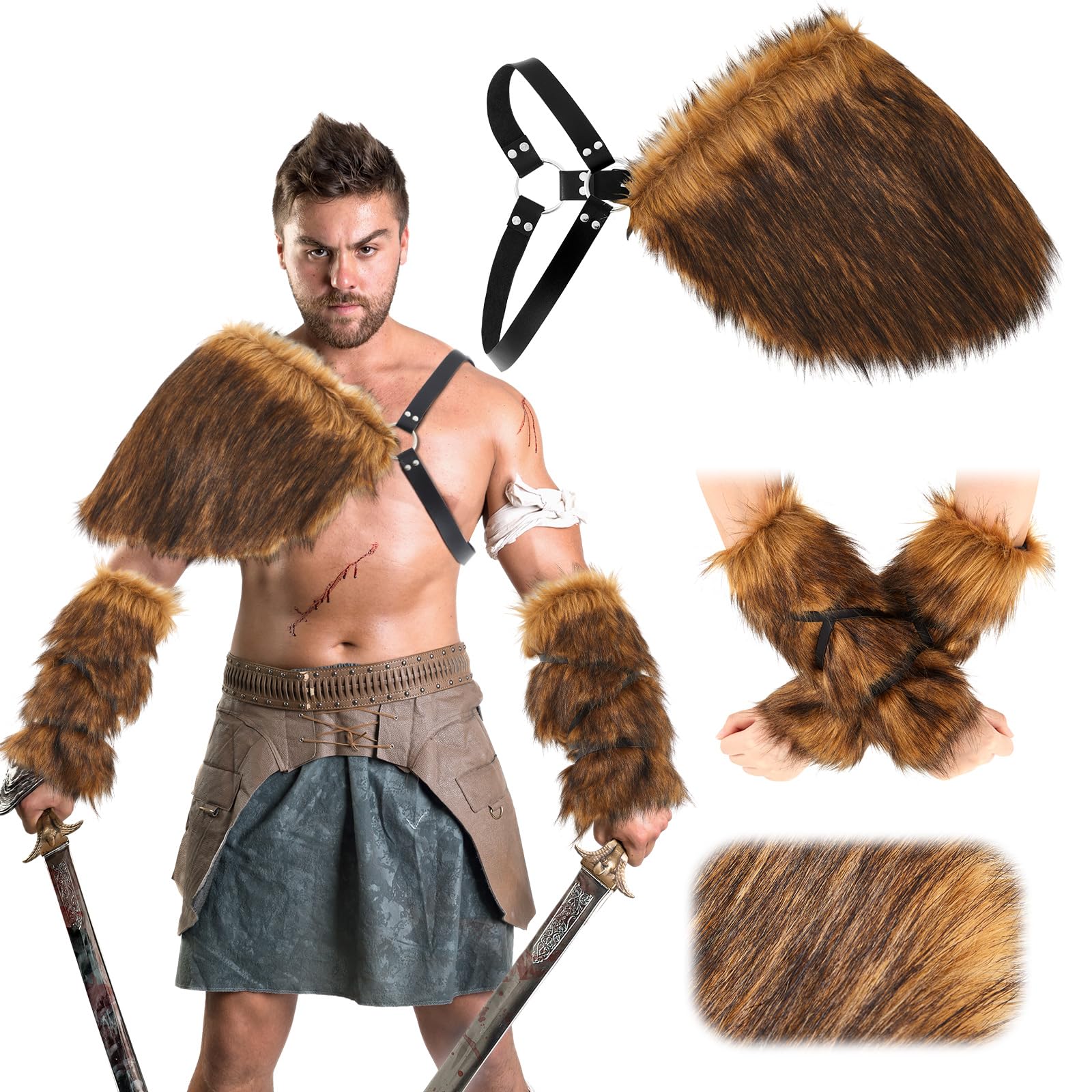 Geyoga 3 Pieces Halloween Mens Viking Costume Medieval Faux Fur Shoulder Armor Arm Cuff Cloak (Dark Brown)