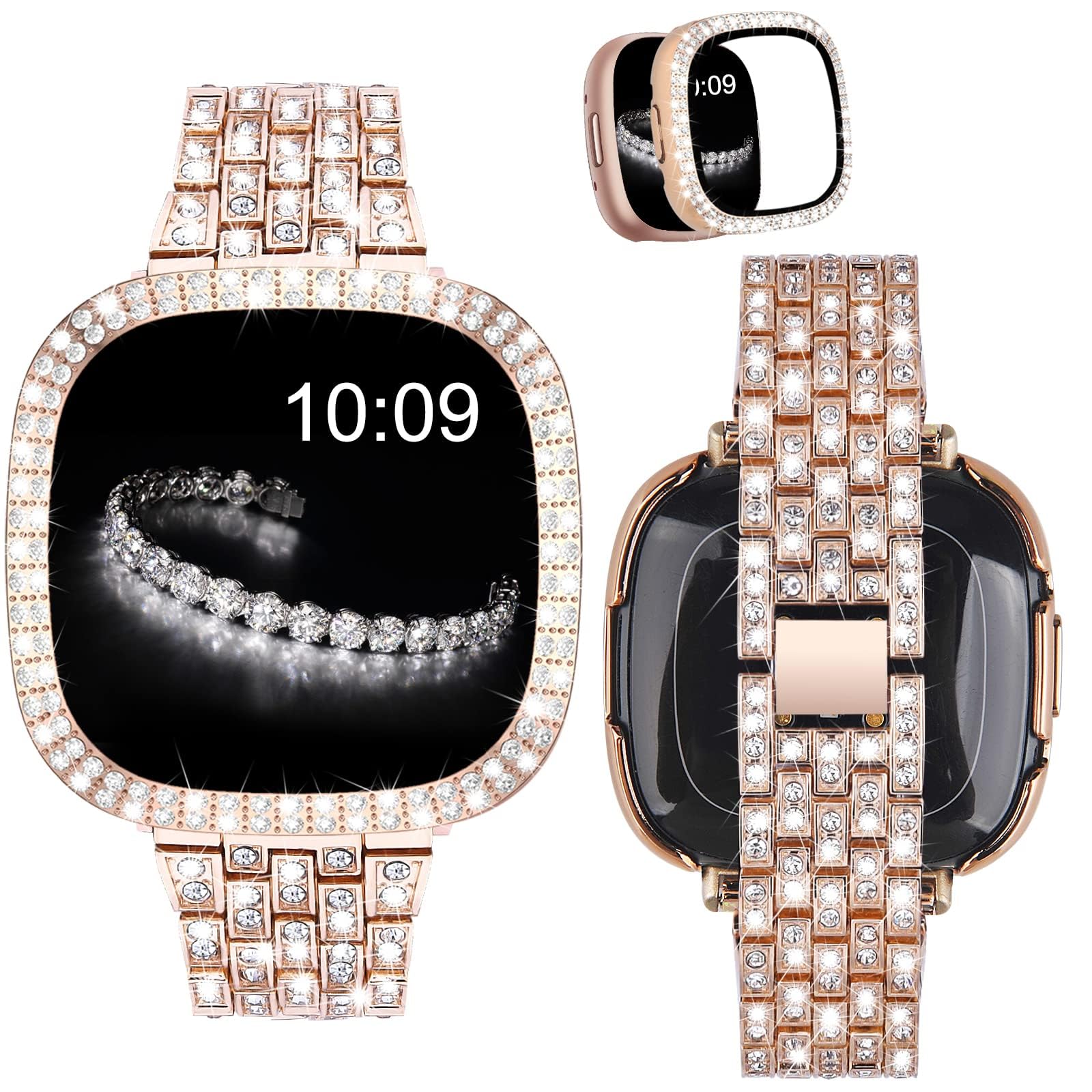 VISOOM Diamond Strap Compatible with Fitbit Versa 3 / Sense Straps for Women, Cute Bling Bracelets Metal Watch Band and Rhinestone Protective Case for Fitbit Watch - Rose Gold — image 1