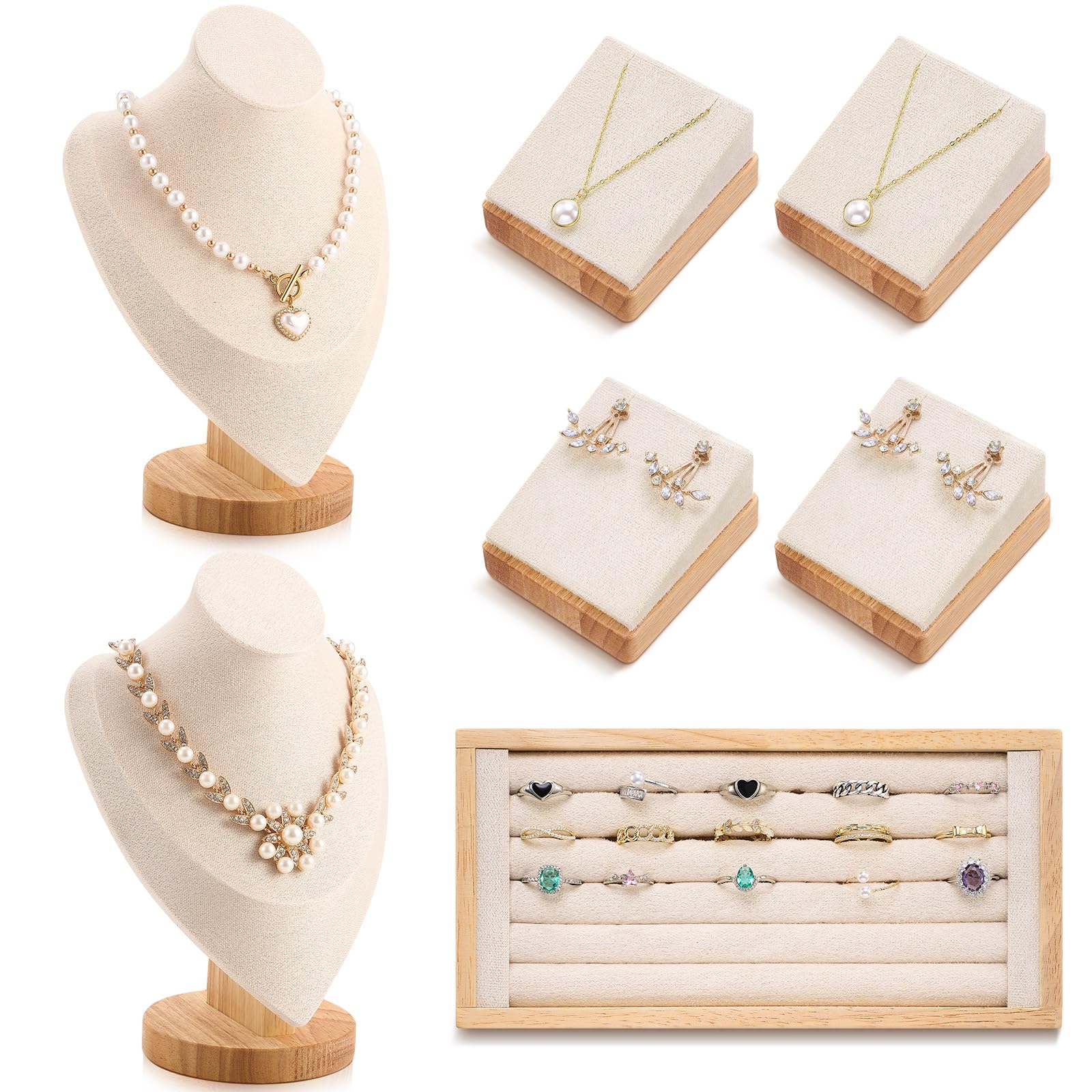 Photo 1 of RattanView 7 Pcs Velvet Jewelry Bust Display for Vendors with Bamboo Stand Set Necklace Display Stand Bamboo Ring Earring Organizer(Beige)