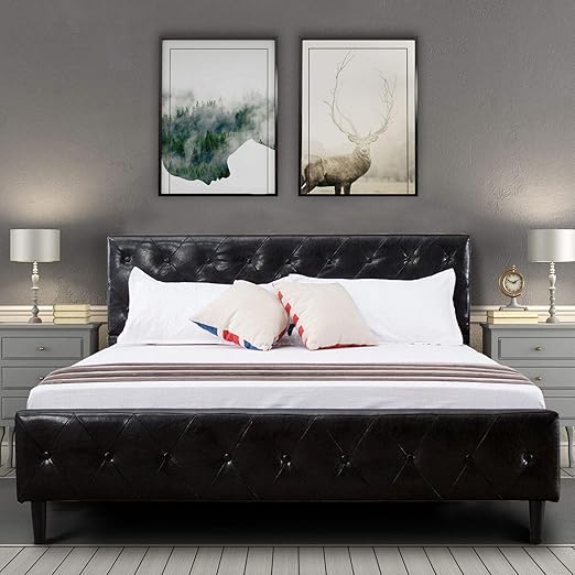 Amazon Com Lexing Queen Size Black Pu Leather Bed Frame Button Amazon Com Lexing Queen Size Black Pu Leather Bed Frame Button