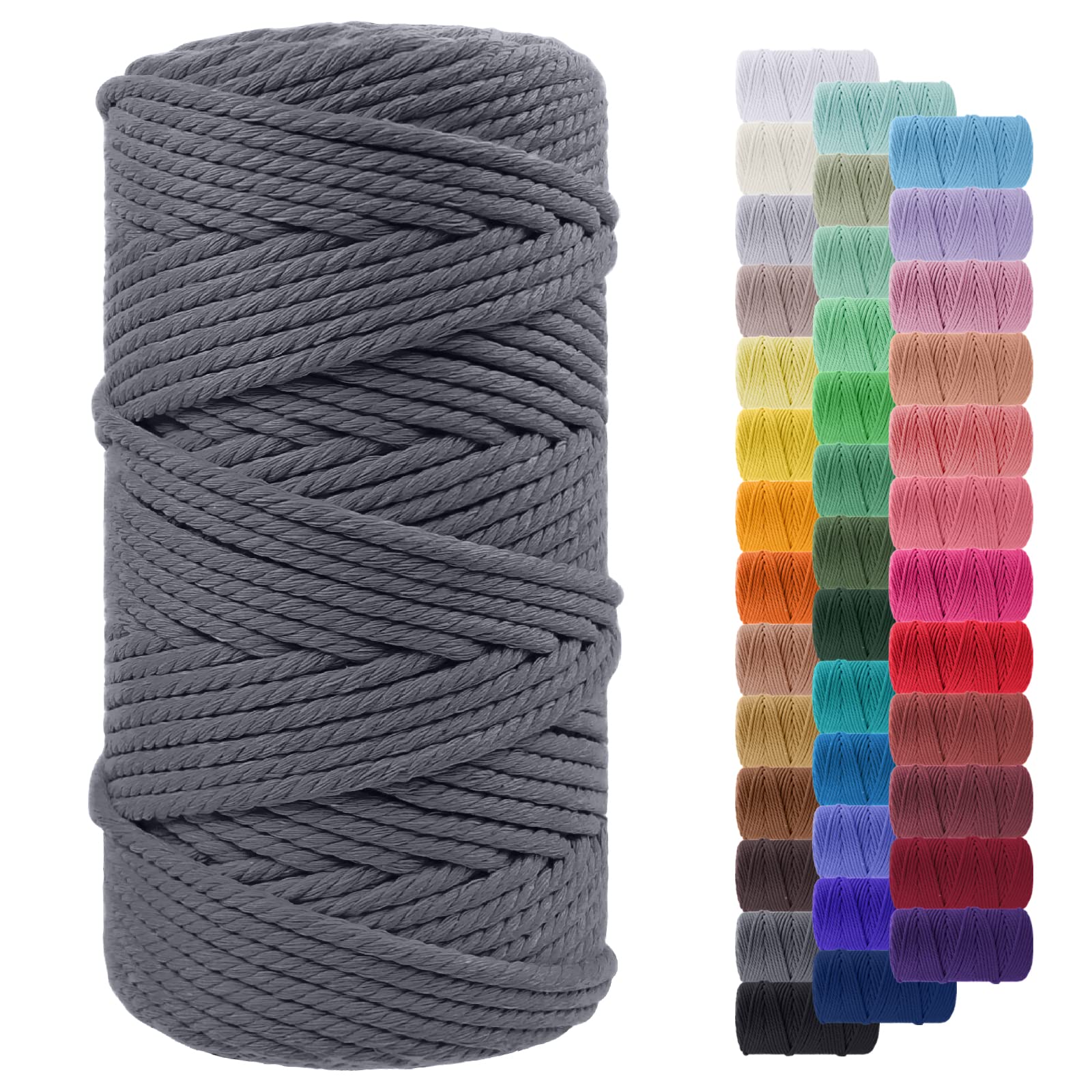 LEREATI Macrame Cord 5mm x 100m, Thick Macrame Rope Yarn Natural Cotton Cord, 4 Strand Twisted Colored String for Wall Hanging Plant Hanger DIY Crafts Boho Decor (Grey)