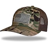 Camo Hat Hunting Trucker Snapback 112 for Men or Women with American Flag USA Military Afghanistan Mission Camouflage and Flag Patch (Sewn on) Mil-Spec Design, Mesh Gorra Dad (Premium)