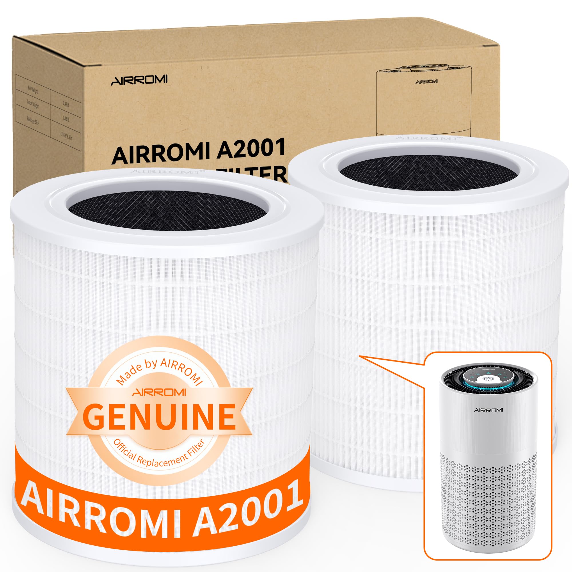 AIRROMI A2001 HEPA Air Purifier Replacement Filter, 3-In-1 Original Filter, Remove 99.97% of 0.3 Micron Particle 2 Pack White Activated Carbon