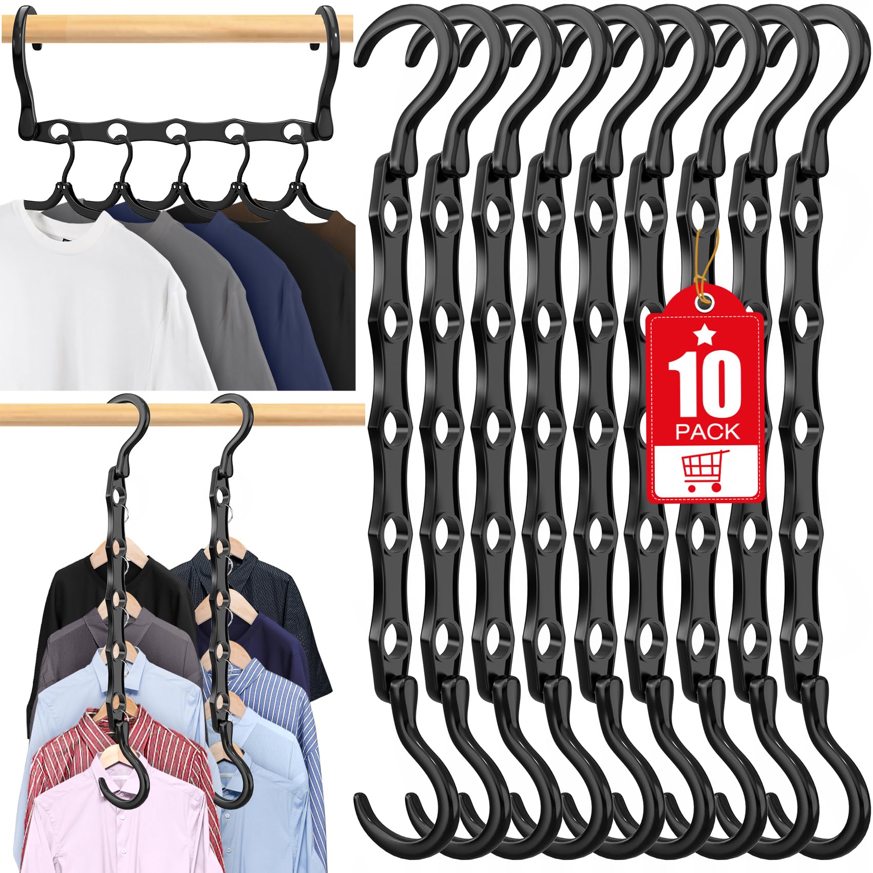 Photo 1 of 10 Pack Hangers Space Saving Magic Plastic Hanger Organizer Shirt Space Saving Hangers, Multi Clothes Hangers Space Saver for Closet Organizers Storage College Dorm Room Essentials, Black