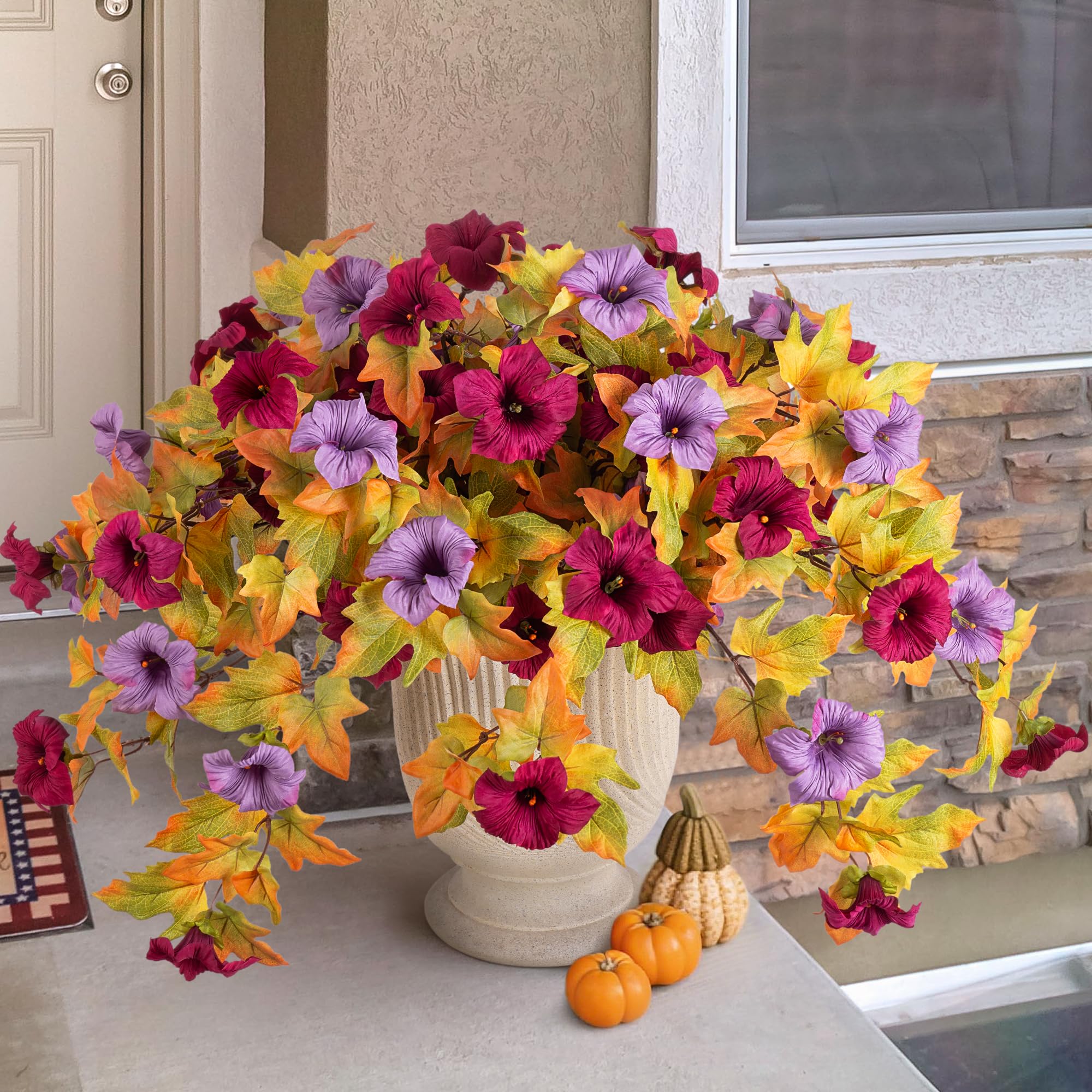 Photo 1 of ***FACTORY SEALED***Fall Flowers Artificial for Decoration Fake Petunias Plants for Outdoor, 2PCS Autumn Silk Faux Flower UV Resistant No Fade Floral for Garden Balcony Yard Porch Realistic Indoor Decor (Burgundy Purple)