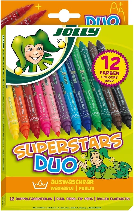 JOLLY Superstar Duo Fasermaler 12er-Set – Mit Dicker & Dünner Spitze, Auswaschbar, Made In Austria | Für Kinder & Kreative, Brillante Farben