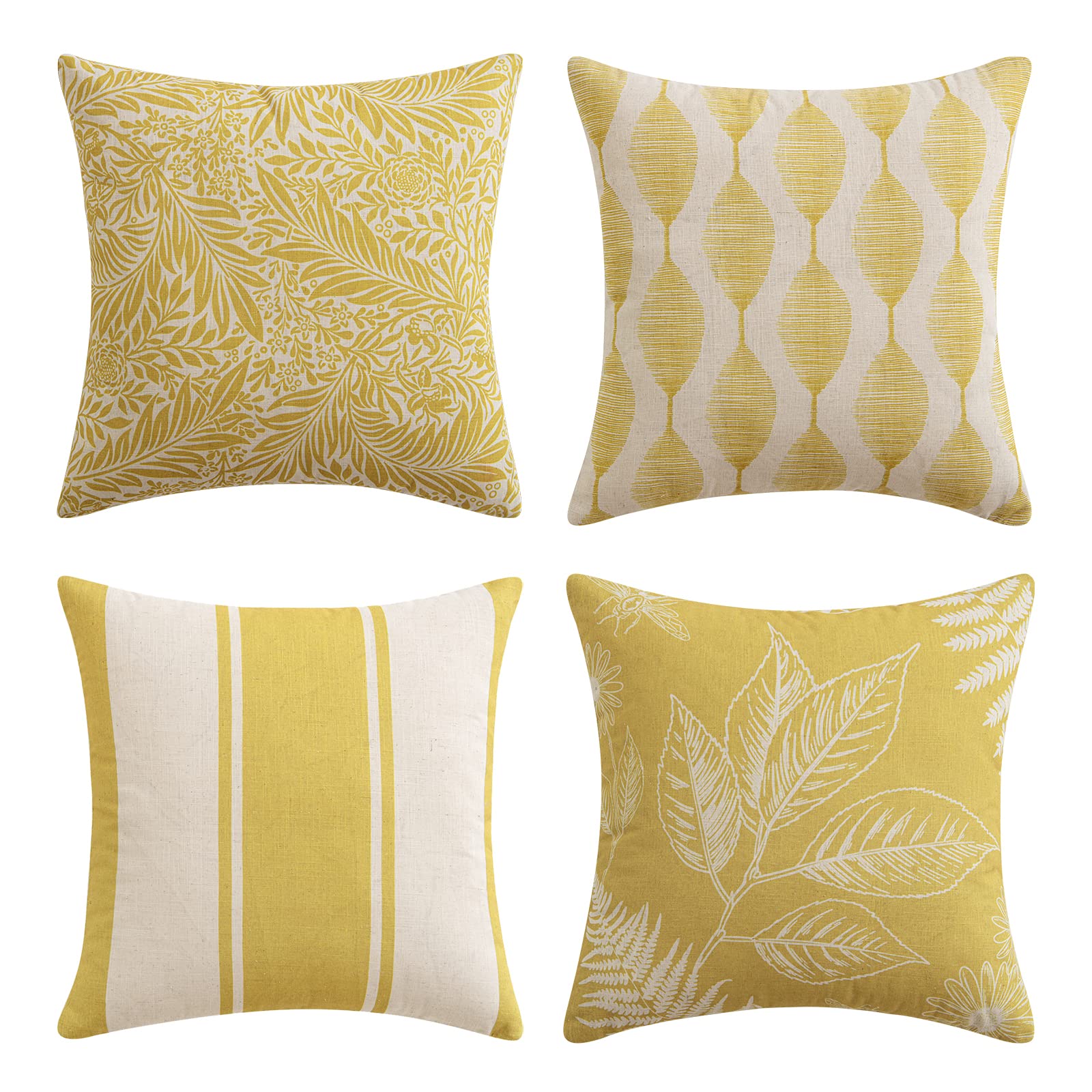 MIULEE Pack of 4 Decorative Cushion Covers Stripes Leaves Elegant Pillowcases Solid Square Cushion Cover Linen Throw Pillow Covers for Sofa Bedroom 18x18 Inch 45x45 cm Yellow
