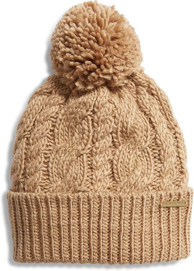 cable knit beanie with pom pom