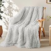 Exclusivo Mezcla Fuzzy Faux Fur Throw Blanket, Reversible Shaggy Sherpa Fleece Blankets, Fluffy Plush Warm Throws for Couch, Bed, 50x60 Inches, Light Grey