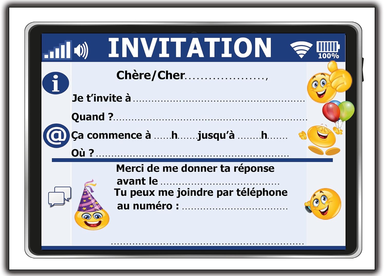 Invitation Carte Danniversaire Fete En Francais Lot 12 Cartes Fille Garcon Enfant Tablet Ans Smiley Emoji Licorne Cheval Poney Adolescent Ado Cinema Escalade Chat Chien Laser Game Party Boum Invitations Emojy Boom