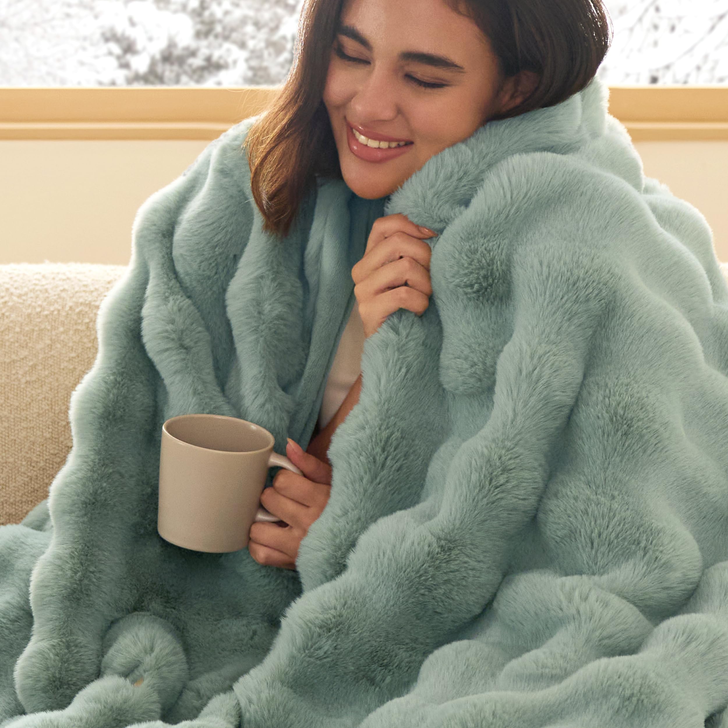 Bedsure GentleSoft Fluffy Fuzzy Sage Green Throw Blanket, Soft Cozy Fleece Faux Fur Blanket for Couch, Spring Green Decor Minky Velvet Bed Cover, Thick Warm Plush Women Men Birthday Gifts Image