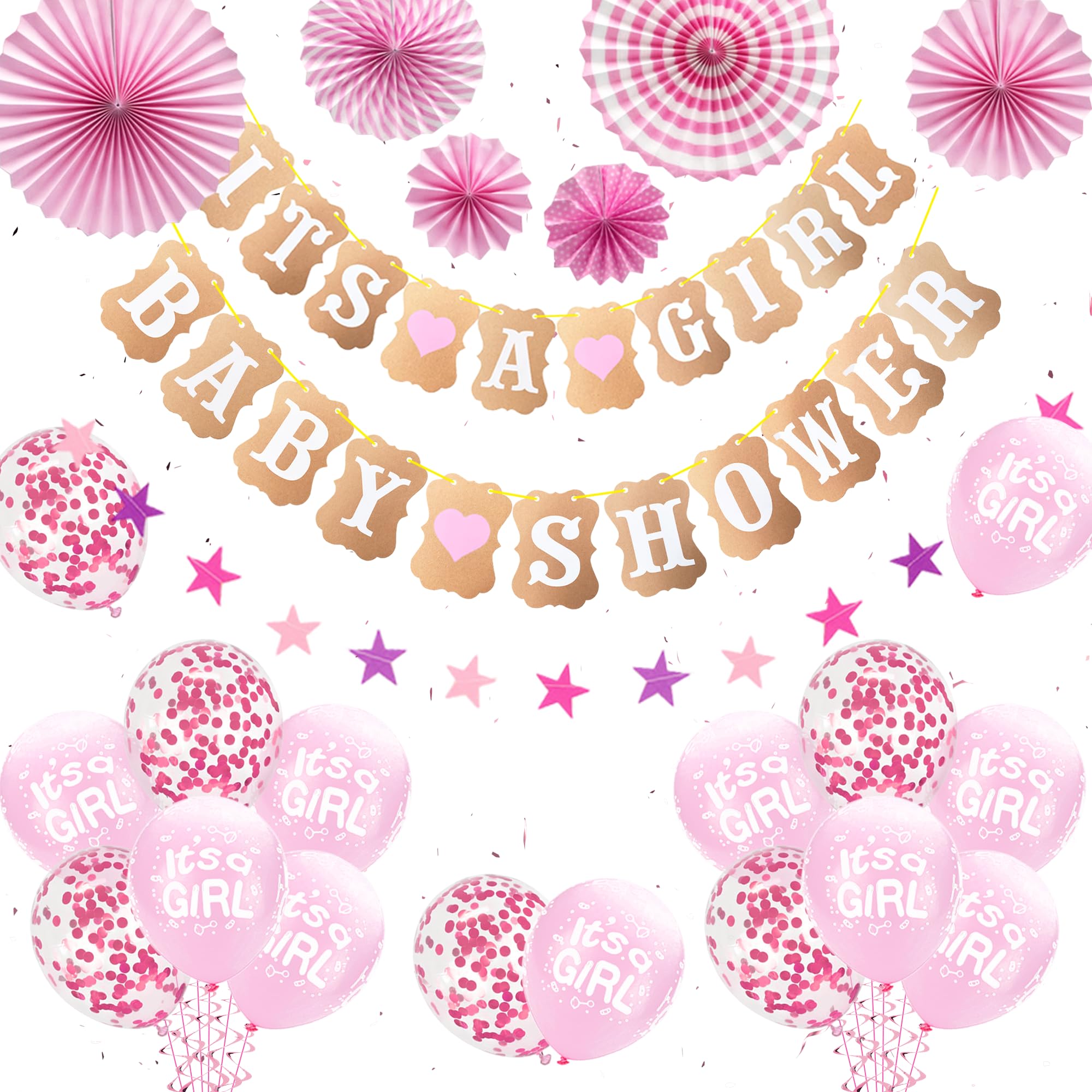Baby Shower Decorations for Girls - Pink and White Baby Girl Confetti Latex Balloons, It's A Girl Decoration Banners Set Pink Paper Fans Star Banner for Gender Reveal Party