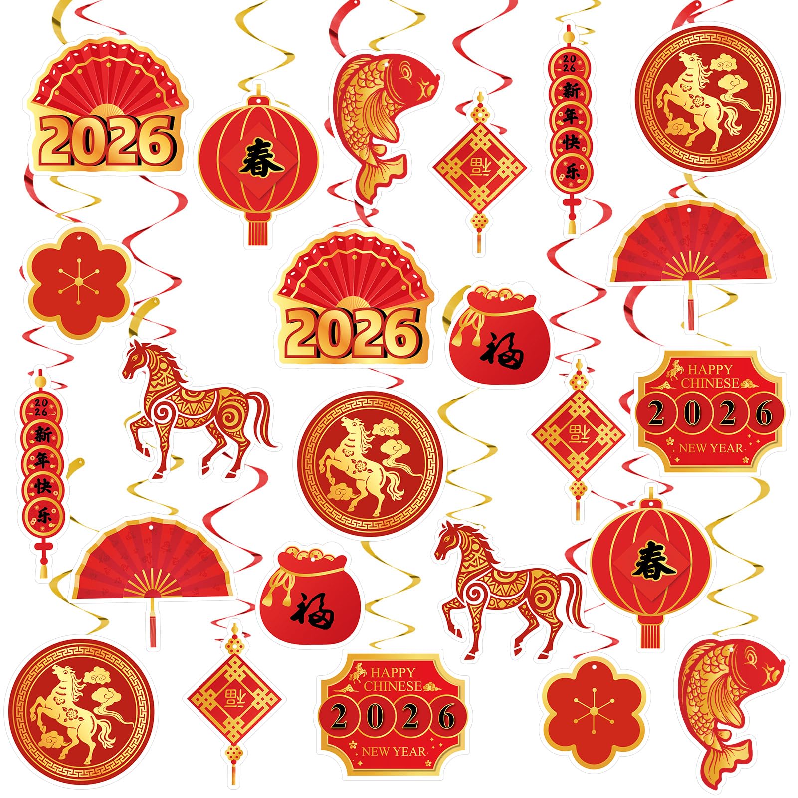 Photo 1 of 22 Set Chinese New Year Decoration 2026 Lunar New Year Hanging Swirls Spring Festival Ceiling Streamers Red Gold Spiral Banner Year of The Horse Decoration Holiday Home Party Decor Supplies