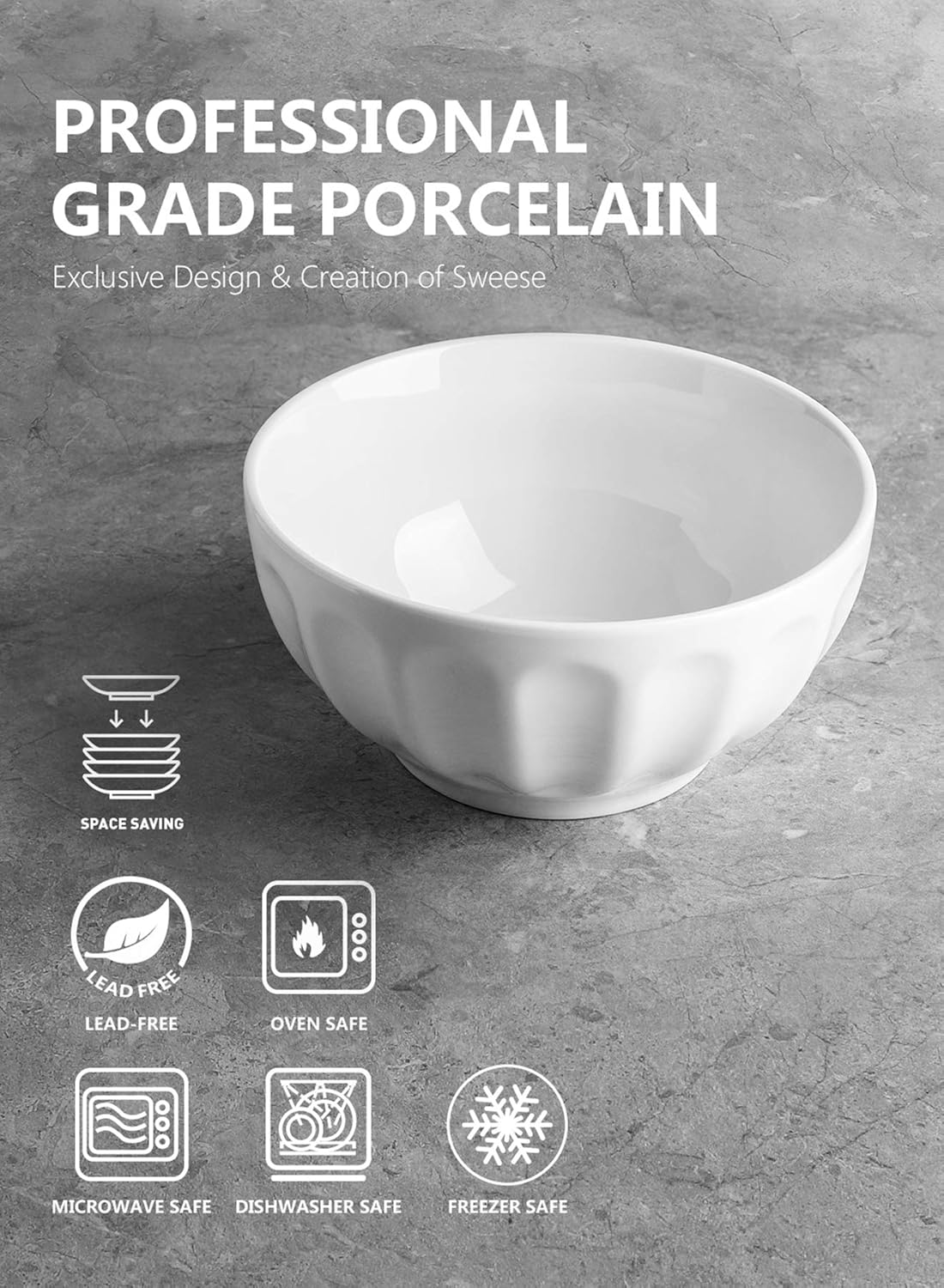  | Sweese 106.001 Porcelain Fluted Bowl Set - 26 Ounce for Cereal, Salad and Soup - Set of 6, White: Cereal Bowls