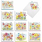 The Best Card Company - 10 Boxed Note Cards with Flowers for Women - Blank Assorted Floral Notecards Bulk (4 x 5.12 Inch) - Garden Delights M6562OCB