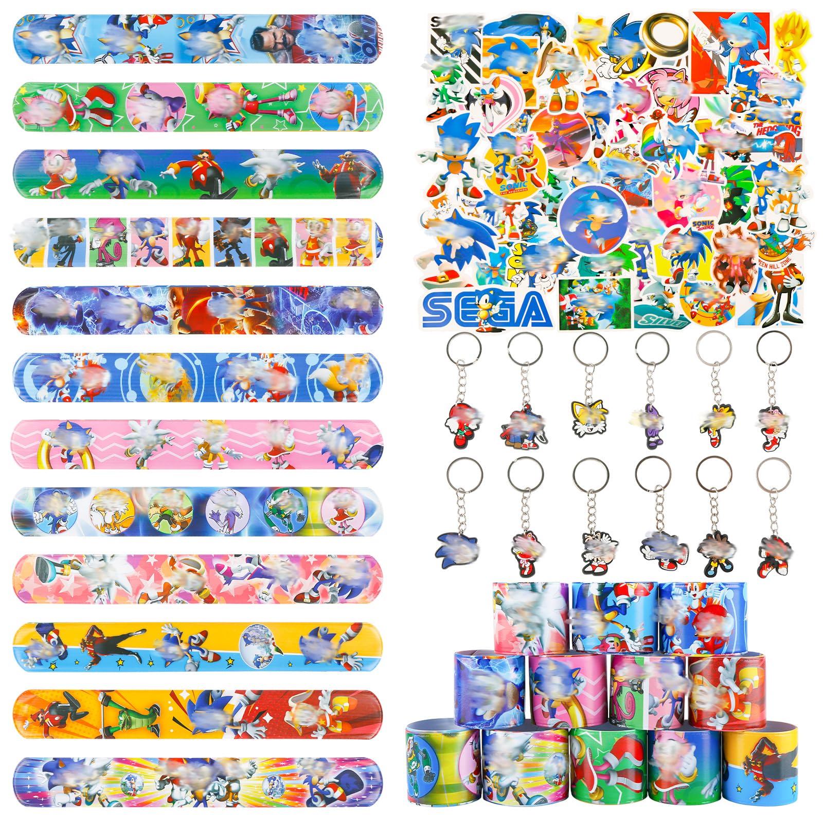 Ainvliya 74pcs Soni Party bag Fillers, 50pcs Stickers, 12pcs Slap Bands, 12 Keychain, Party Bags Supplies for Kids Boys Girls — image 1