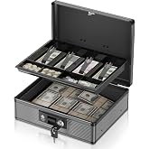 Lockbako Locking Cash Box with Money Tray and Key, Secure Money Safe Box for Cash, Portable Money Box with Bottom Storage Spaces, Money Saving Organizer(Black, Extra Large)