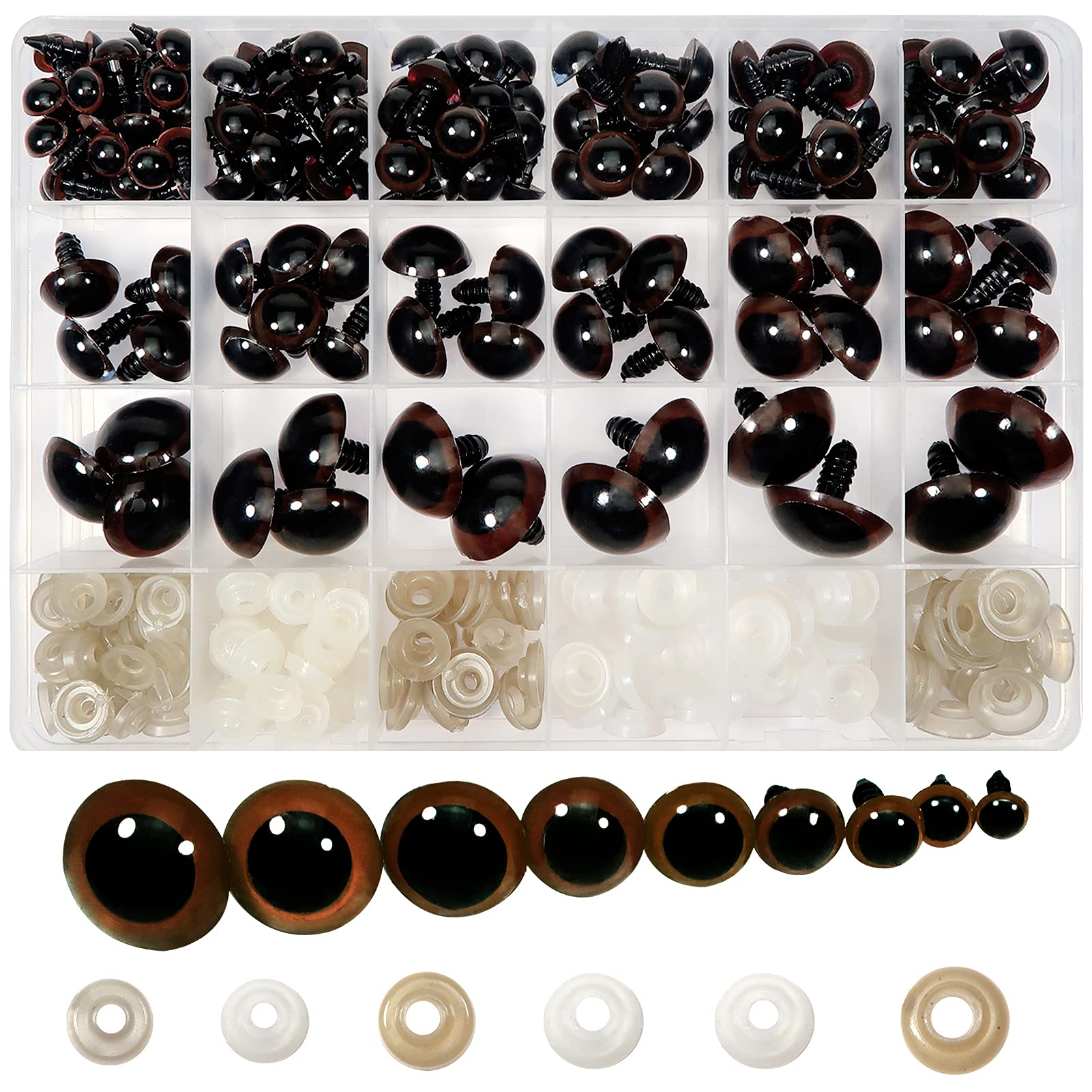 TOAOB 150pcs 8 to 24 mm Brown Round Plastic Plush Animal Safety Eyes with Washers for Crafts Jewellery DIY Doll Making Puppets โ image 1