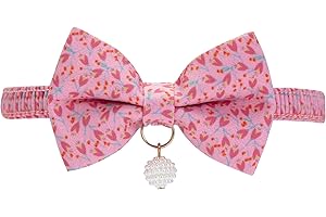 Blueberry Pet Pink Tulip Floral Breakaway Bowtie Cat Collar Choker Necklace with Handmade Bow Tie and Pearl Charm, Safety Elastic Stretch Collar for Cats, Neck 8.5"-12"