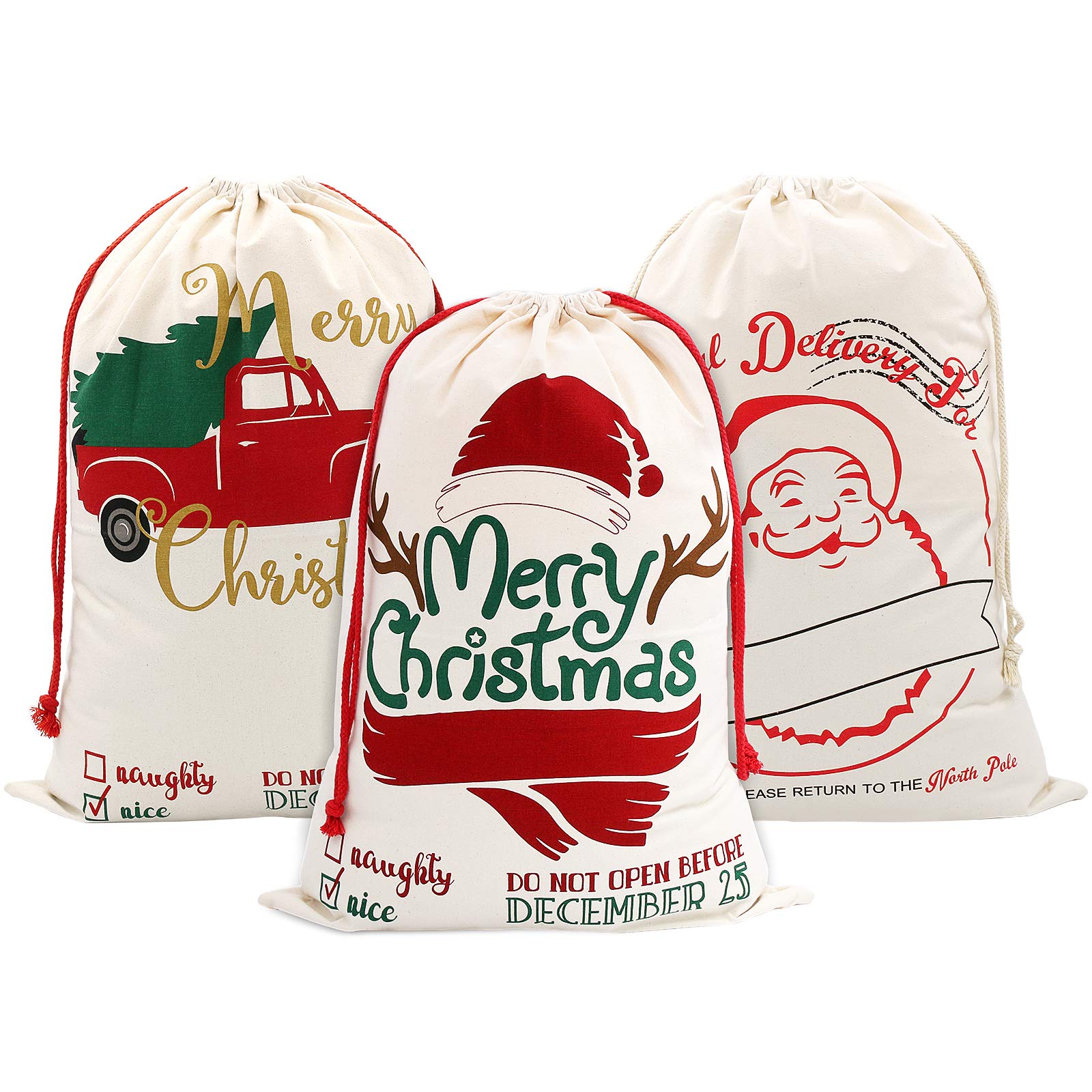 SumDirect 3Pcs Christmas Bag Santa Sack Large Canvas Bags with Drawstrings for Large Xmas Package Storage, Event Party Supplies Cotton Bag Party Favors Gift Bags 50x70 cm