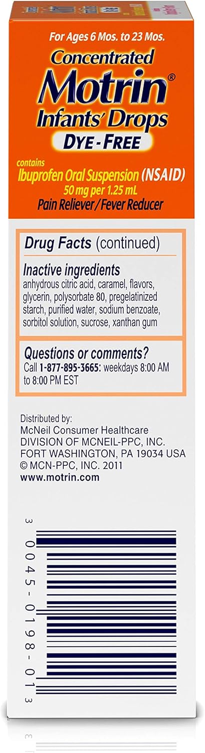 Infants' Motrin Concentrated Drops, Fever Reducer, Ibuprofen, Dye Free, Berry Flavored, 1 Oz: Health & Personal Care