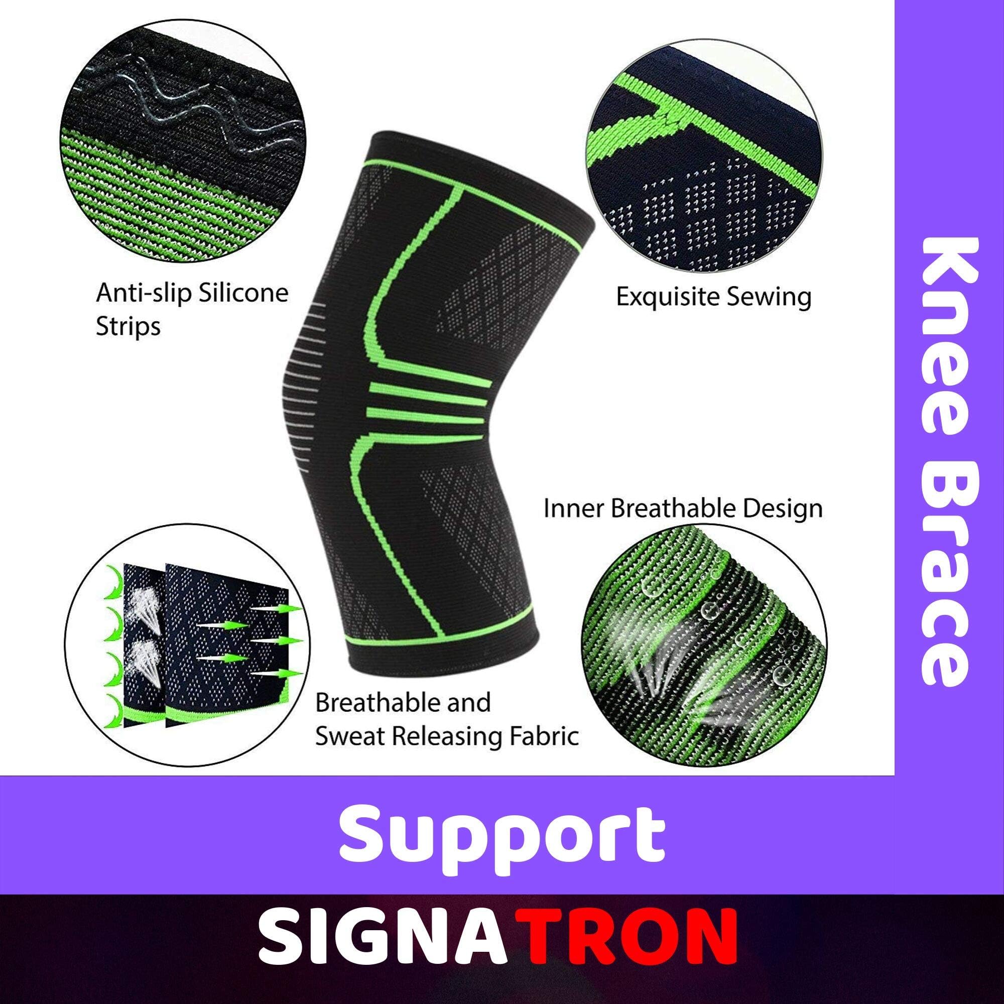 SIGNATRON Knee Brace Cap/Support for Running/Gym Fitness for Men and Women, Large (Black and Neon) - Pack of 1
