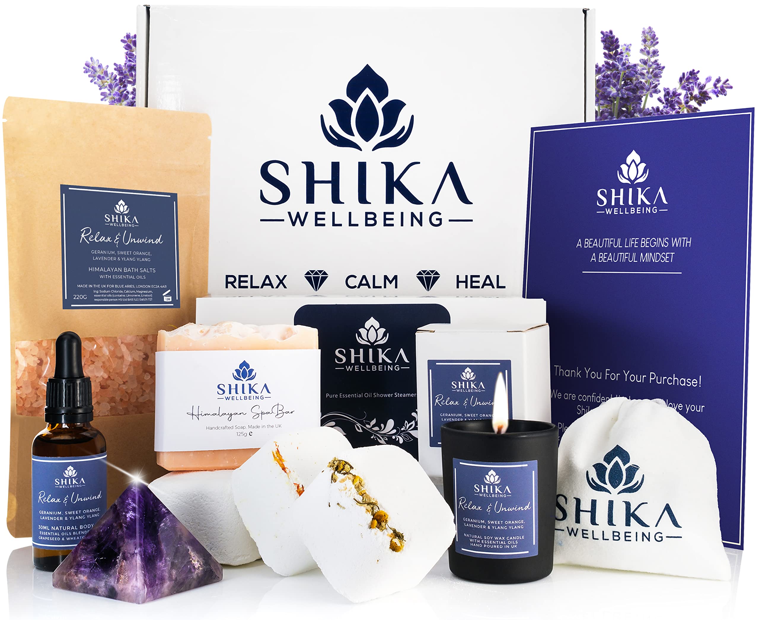 Shika Wellbeing Pamper Kit - Includes Himalayan Bath Salt 220g, Massage Oil 30ml, Soy Candle 9cl, Himalayan Spa Soap Bar 125g, Pure Essential Oil Shower Steamers 35g, Natural Amethyst Pyramid Crystal — image 1