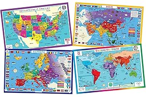 Tot Talk Geography Placemats for Kids - Map Placemats for Kids, Set of 4 Maps: USA, World, Asia, Europe - Reversible with Activities on The Back - Waterproof, Wipeable, Durable, Made in The USA