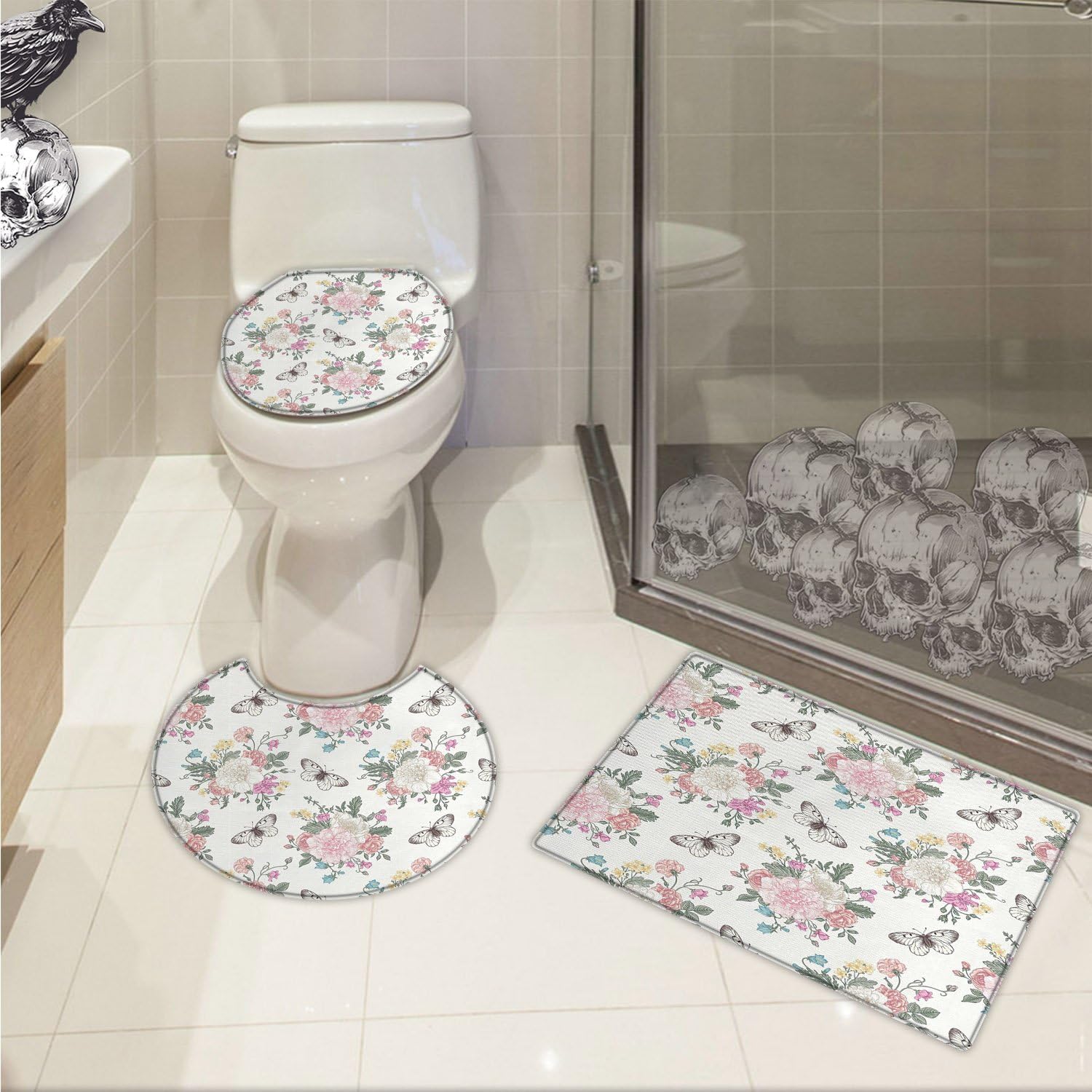 jwchijimwyc Shabby Chic Ushaped Toilet Floor Rug set Peonies Sweet