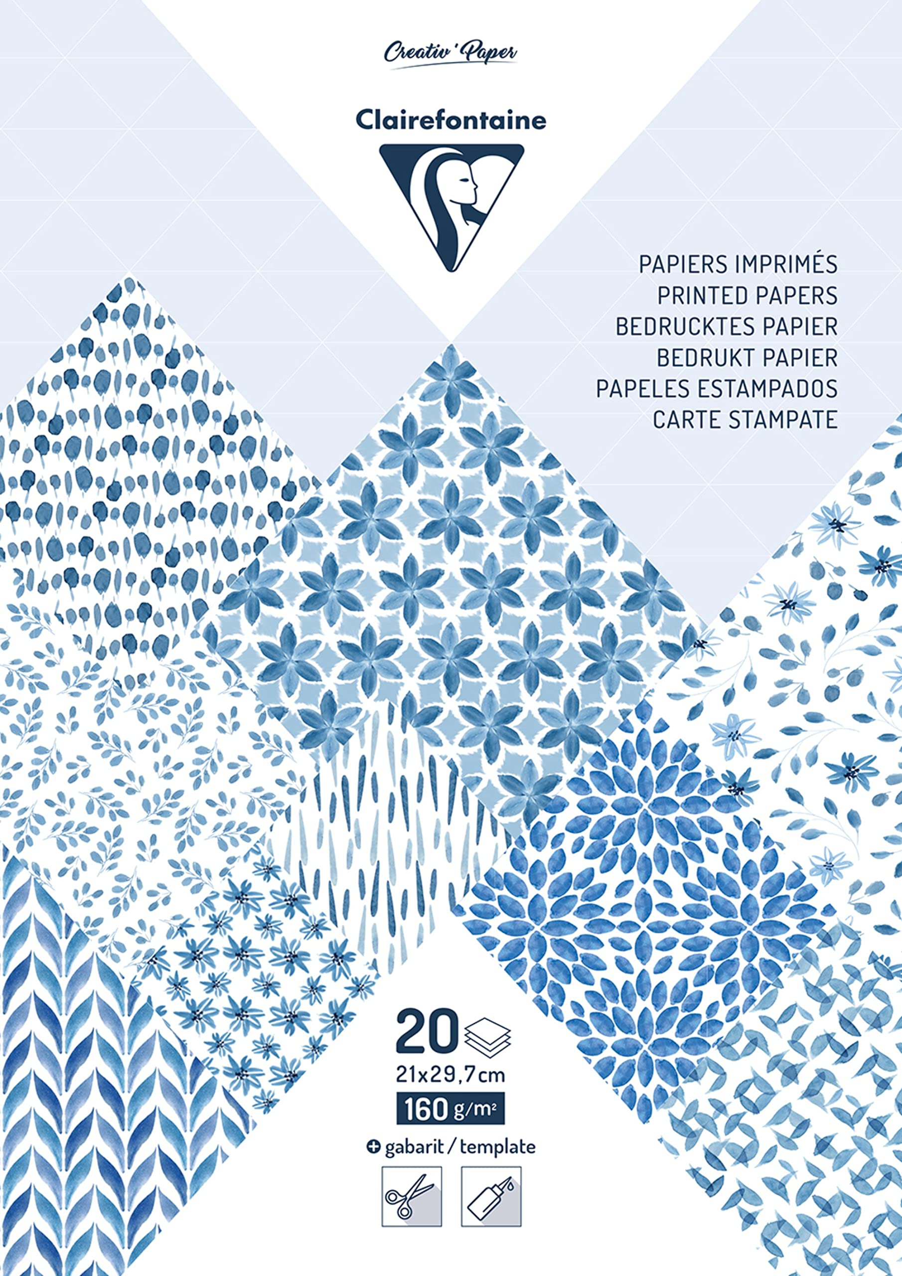 Clairefontaine 95544C Printed Paper Pad of 20 Shibori Floral design Sheets A4 (21x29,7cm) 160gsm 2 sheets of labels to cut Creative Idea Scrapbooking Creative