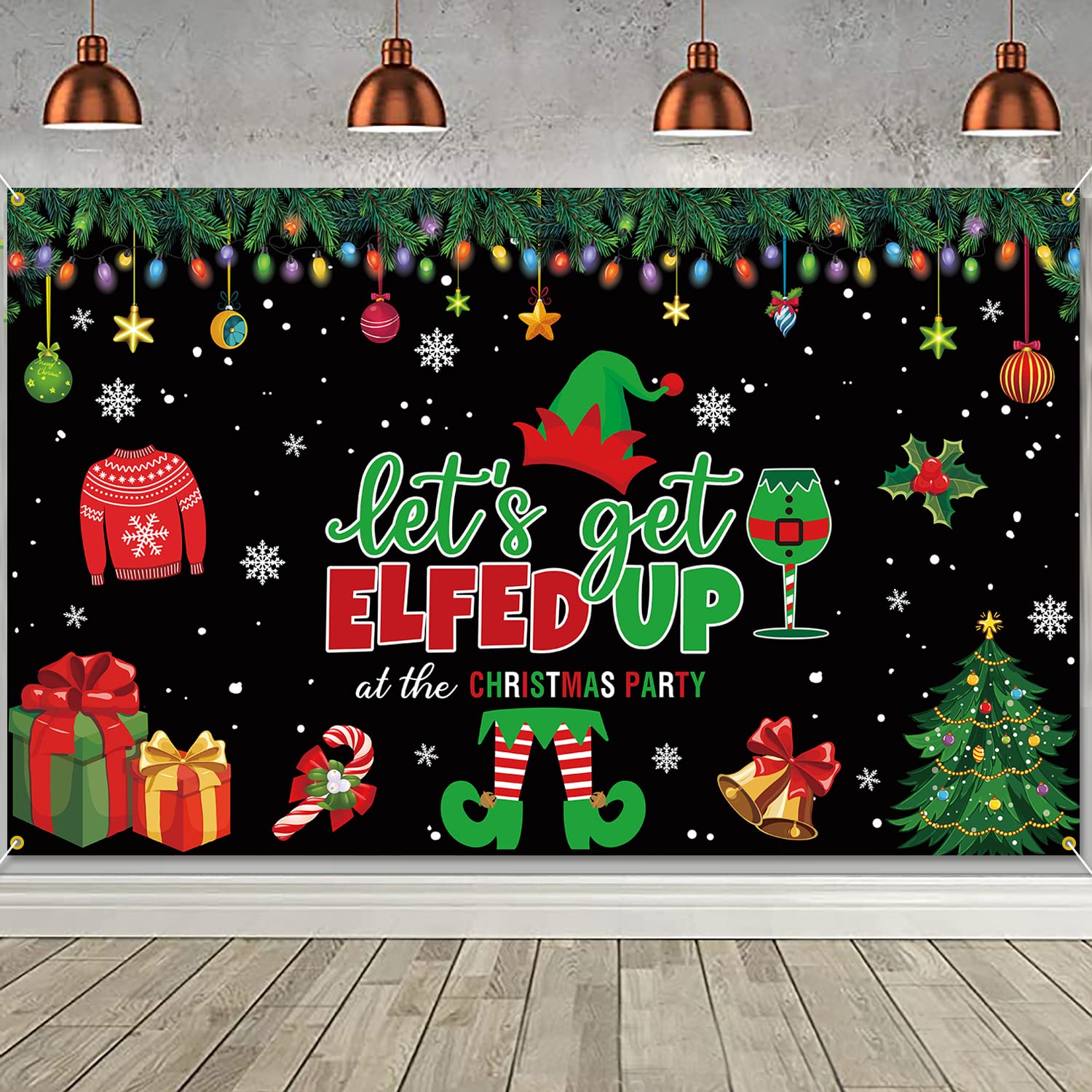 Photo 1 of PTFNY Let's Get Elfed Up Backdrop Banner 73 x 43 Inch Christmas Background Banner for Xmas Kids Elfed Party Decorations Photo Booth Props