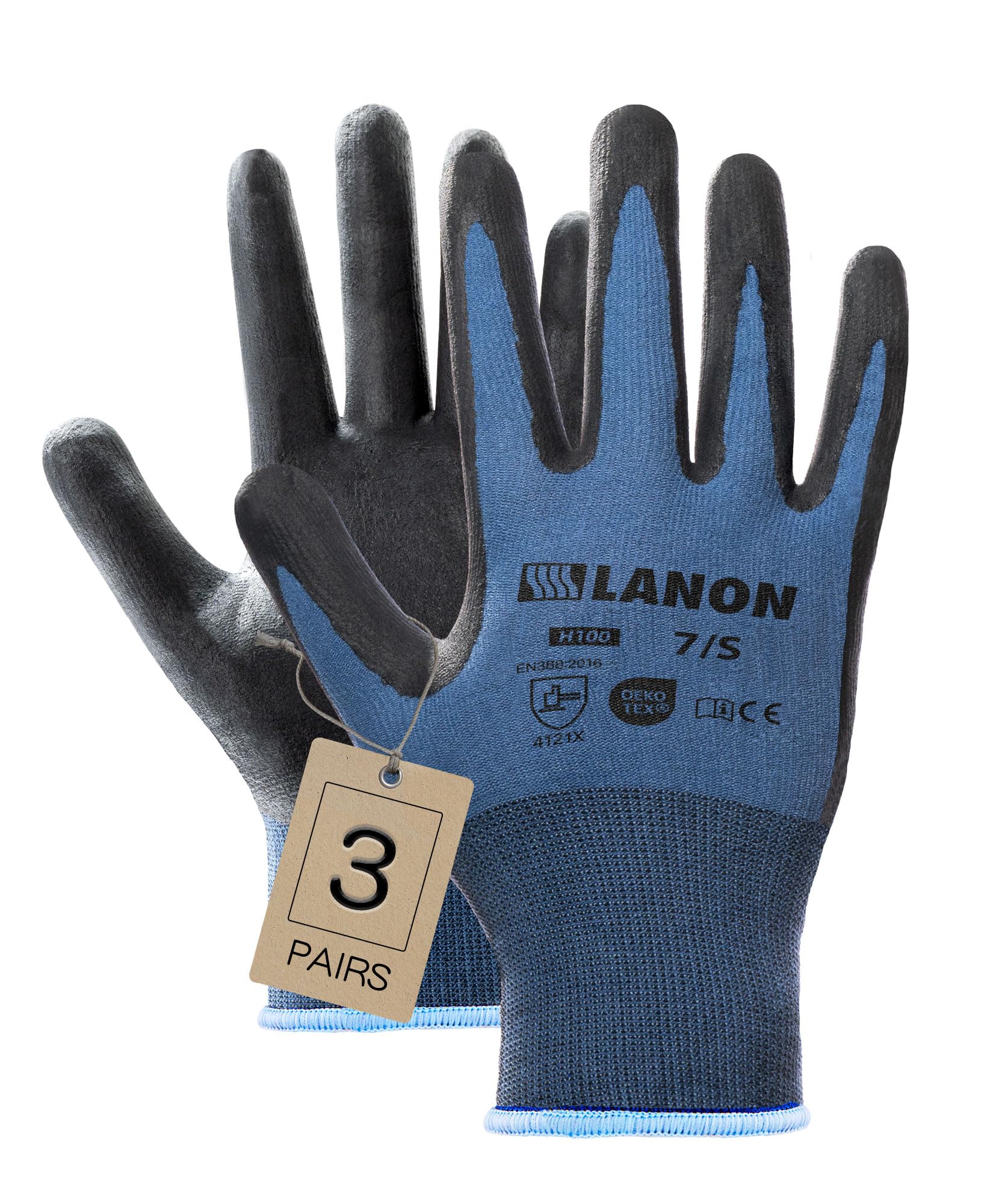 LANON 3 Pairs Nitrile Coated Safety Work Gloves, Mechanic Working Gloves for Men Women, Breathable, Skin Friendly, Anti-Slip Grip, M/8