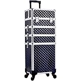 Adazzo 4 in 1 Rolling Makeup Case Cosmetic Train Case Trolley Roll Travel Box for Makeup Artist, Hairstylists, Nail Tech Makeup Cart with Key Swivel Wheels Barber Case Traveling Trunk Black