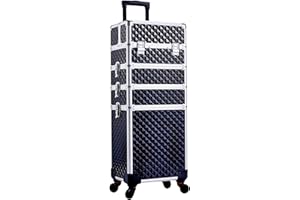 Adazzo 4 in 1 Rolling Makeup Case Cosmetic Train Case Trolley Roll Travel Box for Makeup Artist, Hairstylists, Nail Tech Makeup Cart with Key Swivel Wheels Barber Case Traveling Trunk Black