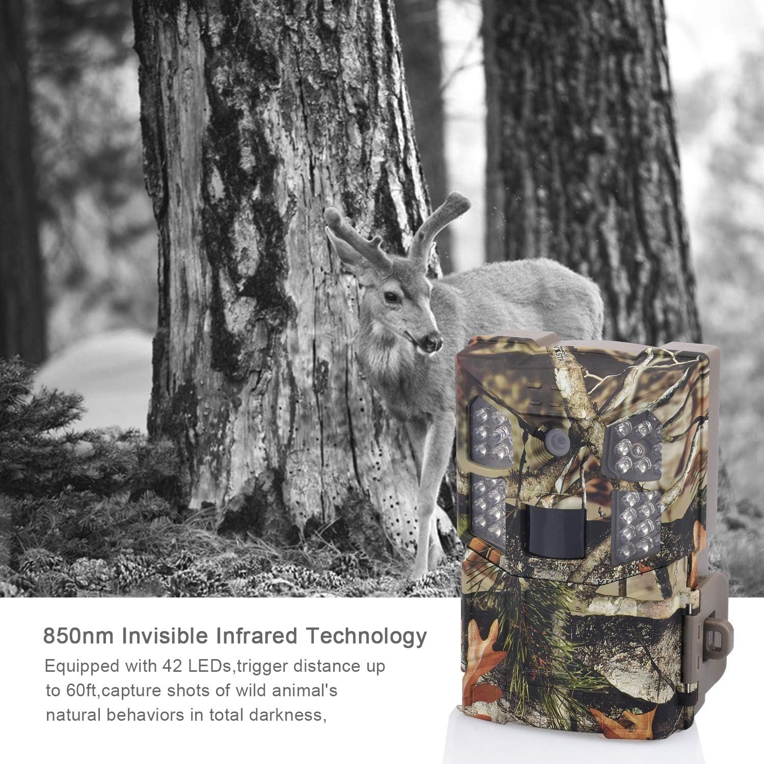 WOSPORTS Trail Camera 16MP 1080P Hunting Game Camera, Wildlife Camera with Upgraded 850nm IR LEDs Night Vision 65ft, 2.0''LCD for Home Security Wildlife Monitoring/Hunting (Trail camera-100mc) : Sports & Outdoors