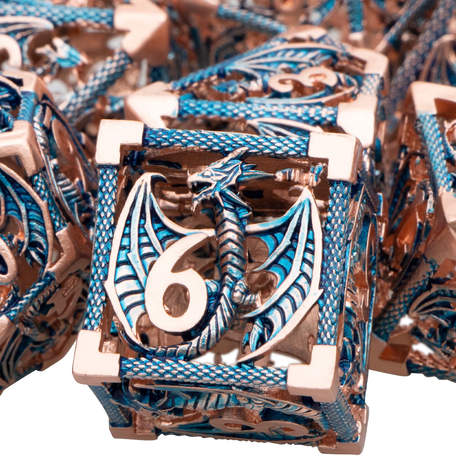 ARUOHHA Hollow DND Dice Set 7PCS Copper Blue Metal Dragons Dice with Gift Box, Dungeons D and D Dice RPG Role Playing Games Polyhedral Dice Set D20 D12 D10 D8 D6 D4 — image 1