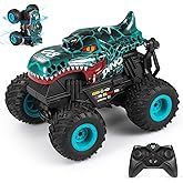 DYODYORC Remote Control Car, 2.4Ghz All Terrain Dinosaur Monster Truck Toys, RC Truck with Music, 3 Lighting Effects, 360 Stunt Capable, 2 Batteries Ready to Run, Toy Gifts for Boys and Girls (Cyan)