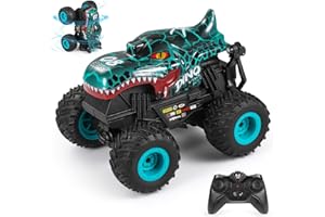 DYODYORC Remote Control Car, 2.4Ghz All Terrain Dinosaur Monster Truck Toys, RC Truck with Music, 3 Lighting Effects, 360 Stunt Capable, 2 Batteries Ready to Run, Toy Gifts for Boys and Girls (Cyan)